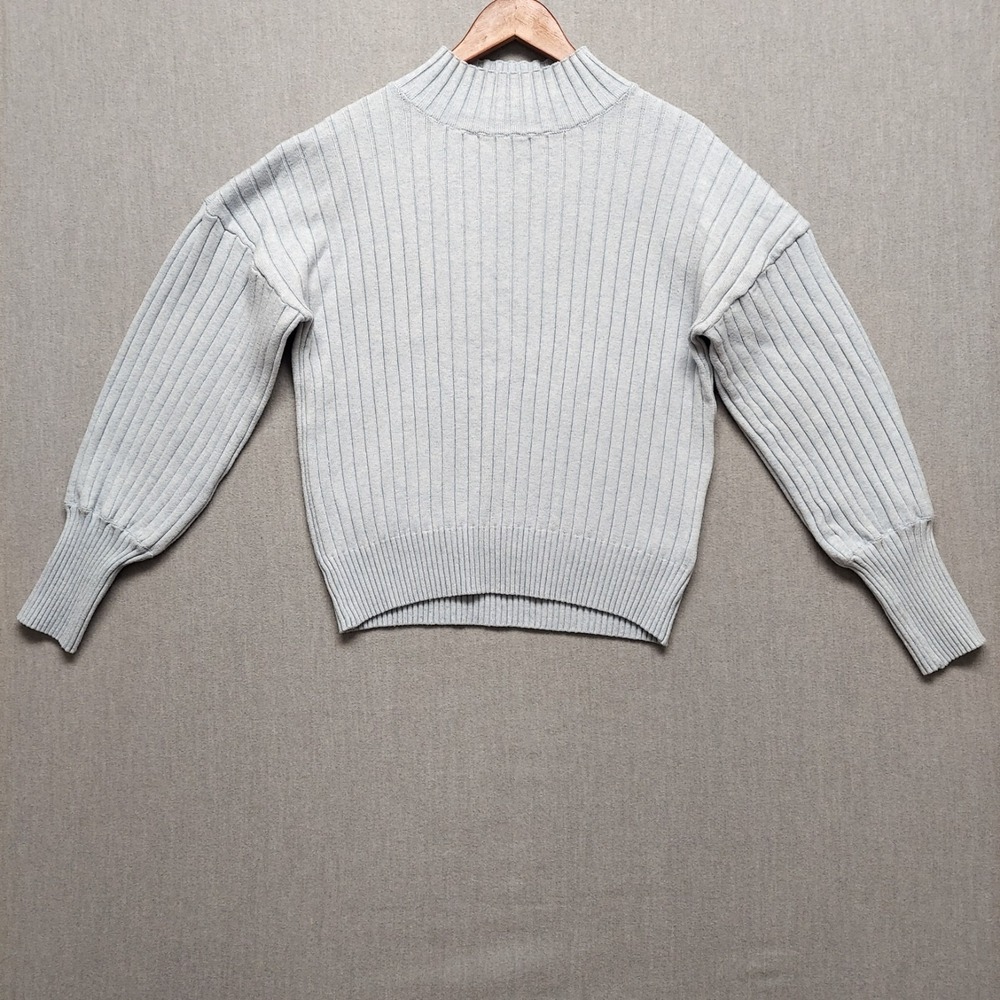 Cliche Mock Neck Sweater Womens XL Blue Ribbed Knit Balloon Sleeve Cozy Minimal